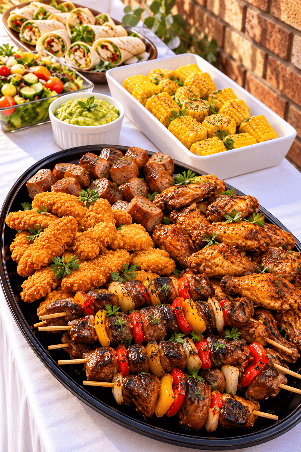 Braai platter of sausage, crumbed chicken, grilled wings and kebabs with corn and salads