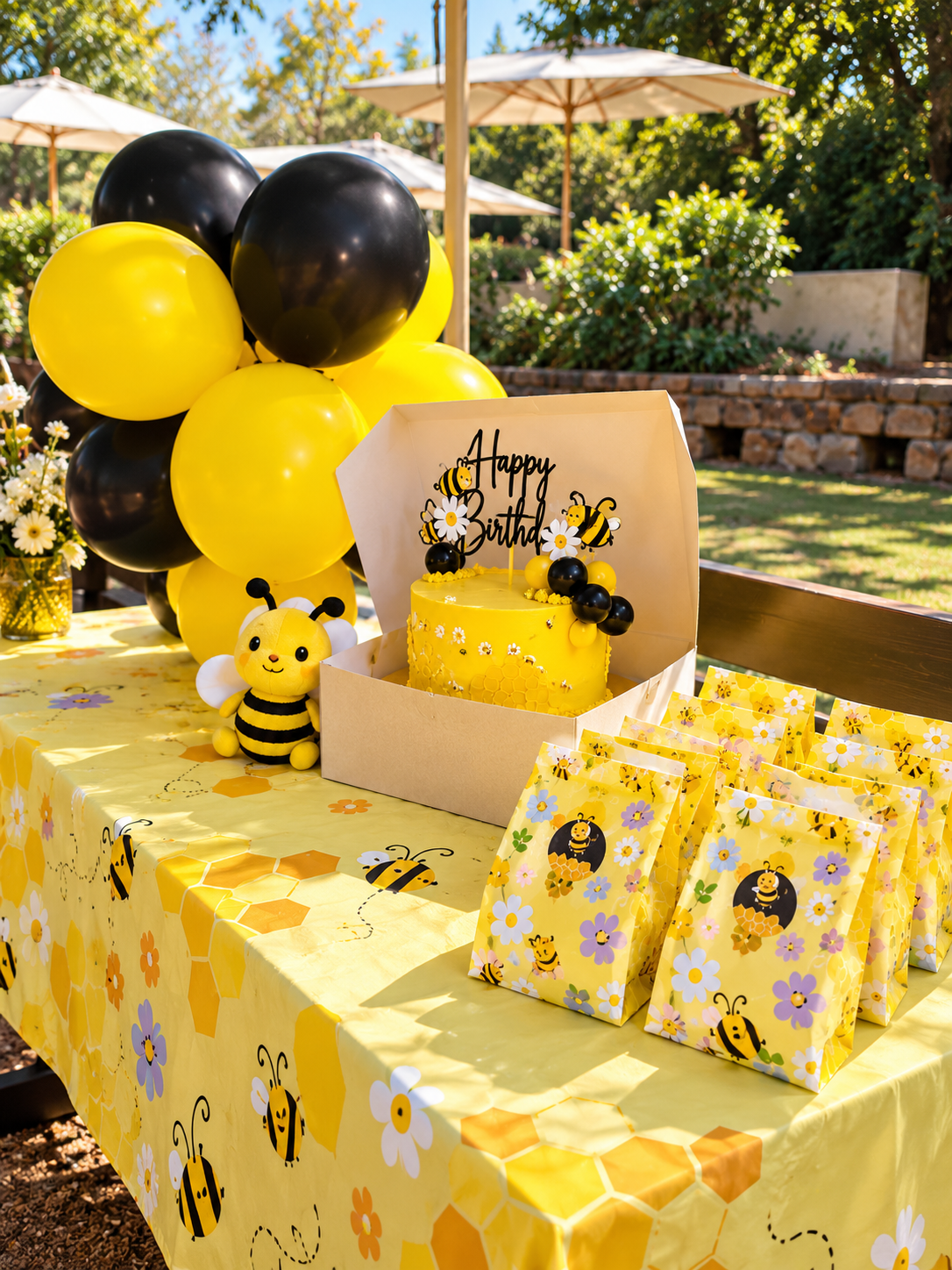 Bee-themed birthday dessert table with a yellow cake, plush bee and honeycomb party bags