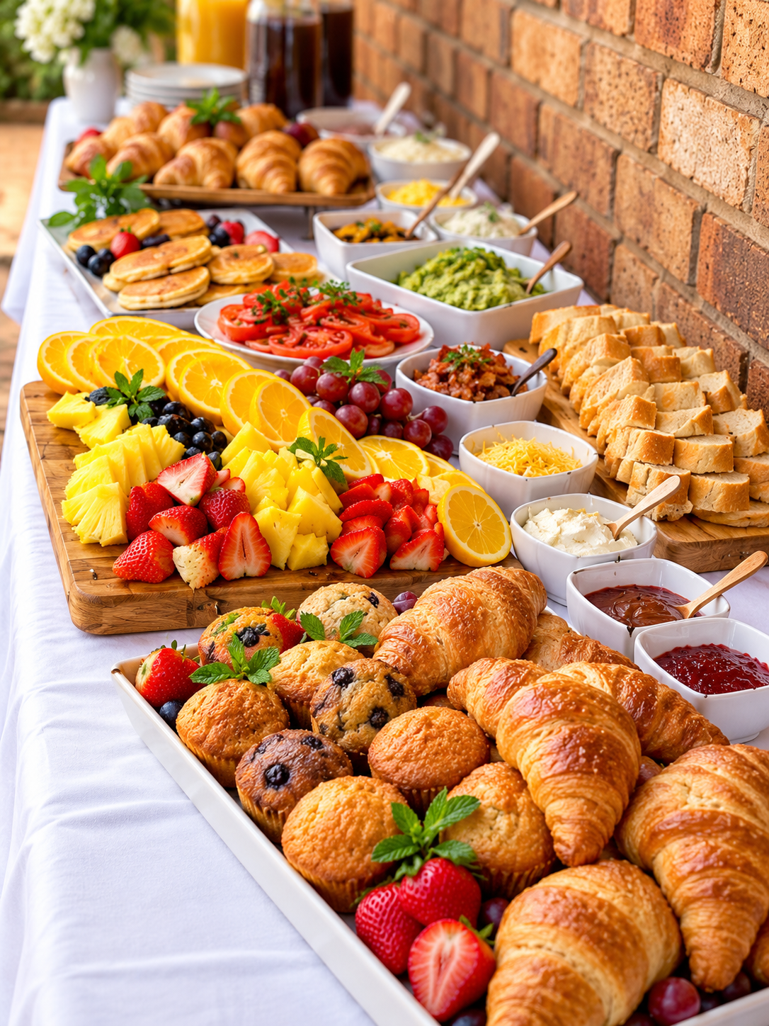 Breakfast buffet spread of croissants, muffins, fresh fruit, pancakes and spreads