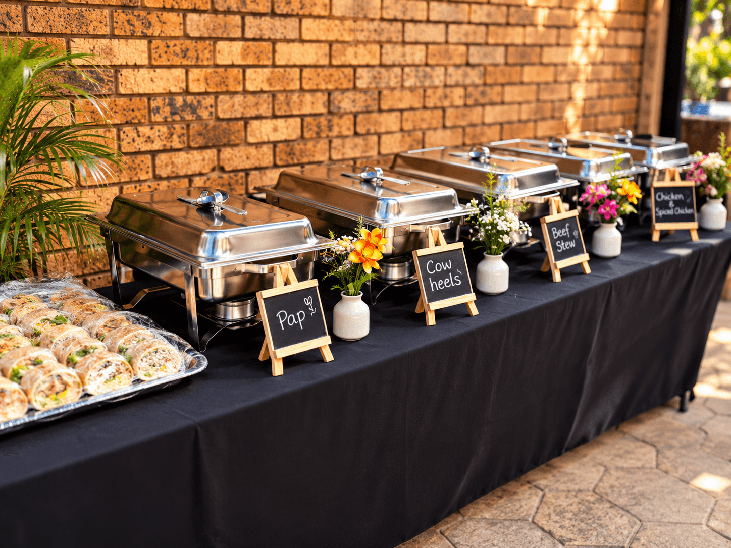 Buffet of chafing dishes labelled pap, cow heels and beef stew on black linen against a brick wall