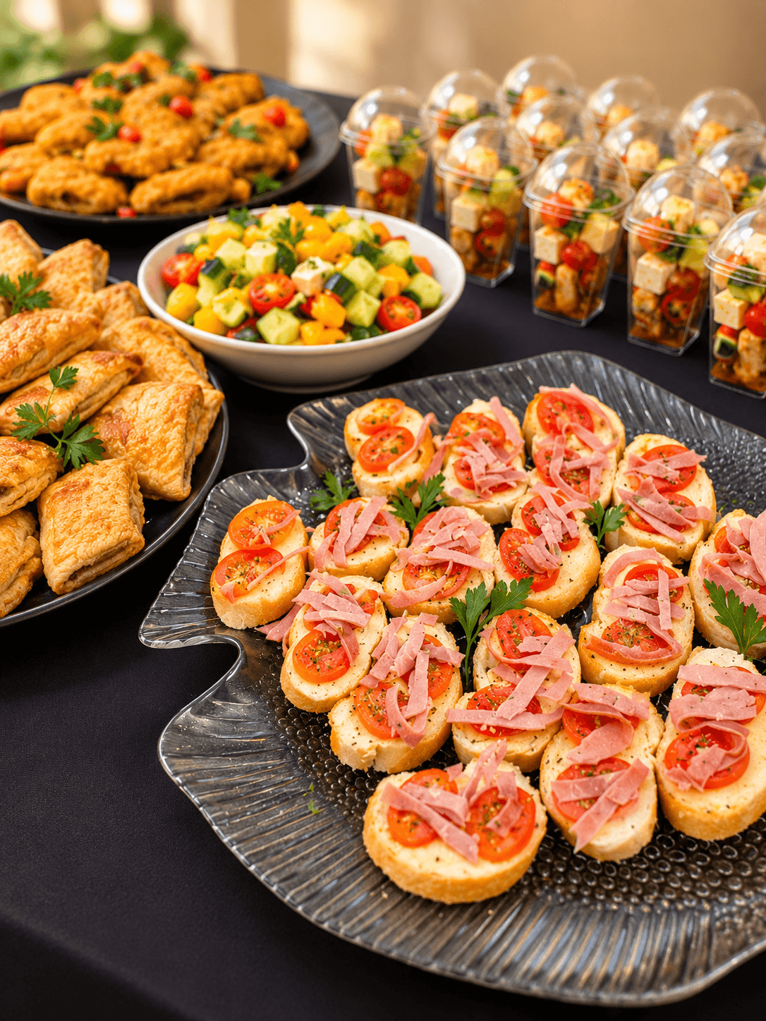 Canapé platters of tomato and ham crostini, savoury pastries and individual salad cups