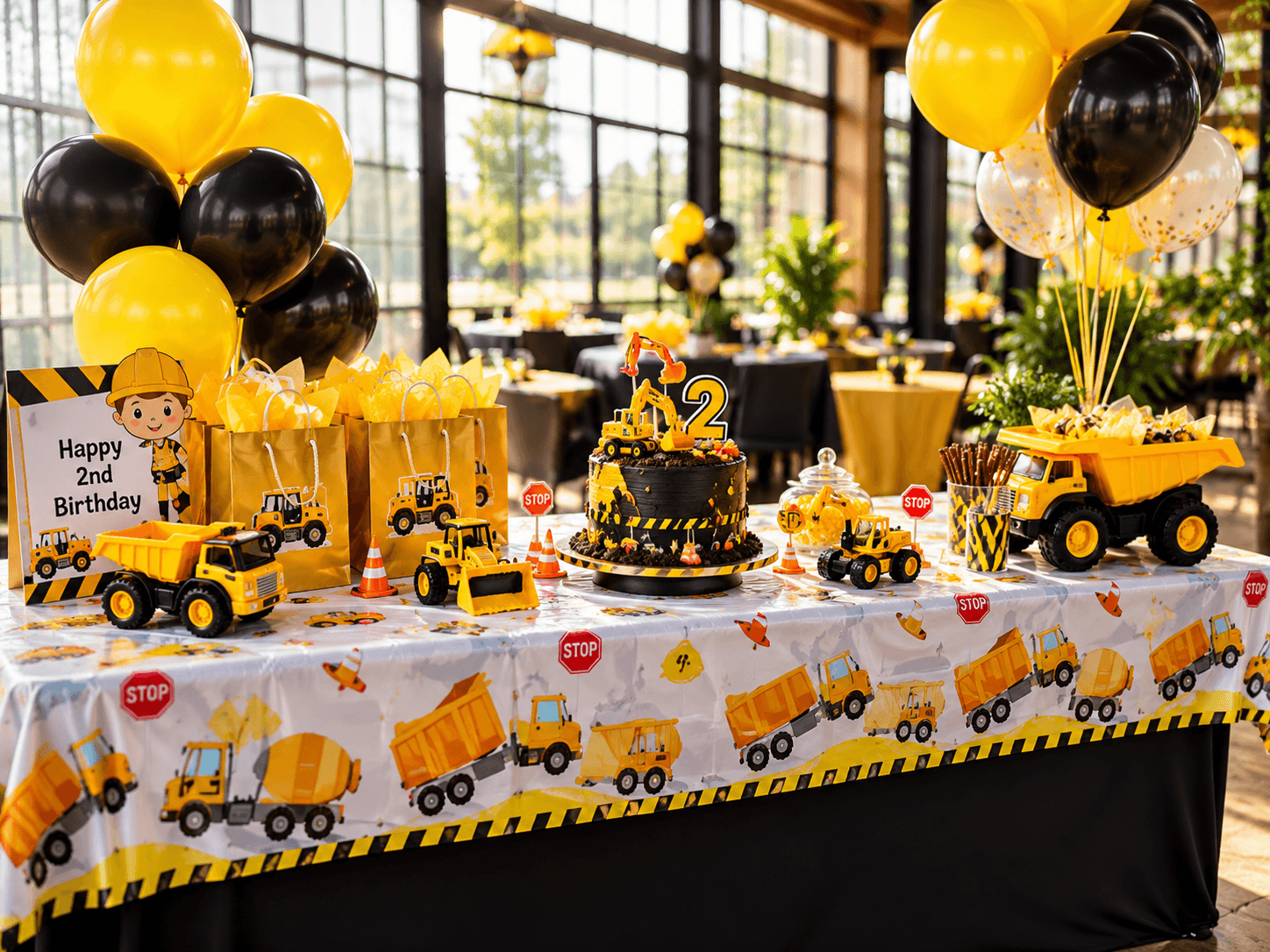 Construction-themed second birthday table with a digger cake, toy trucks and yellow and black balloons