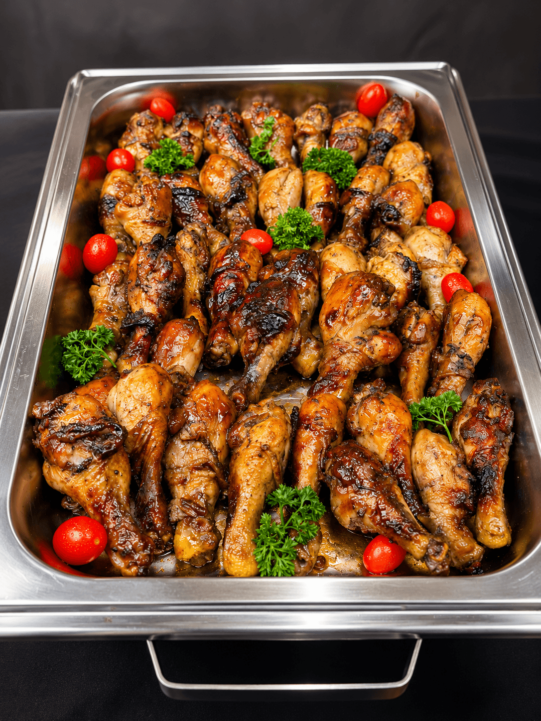 Tray of glazed chicken drumsticks garnished with cherry tomatoes and parsley