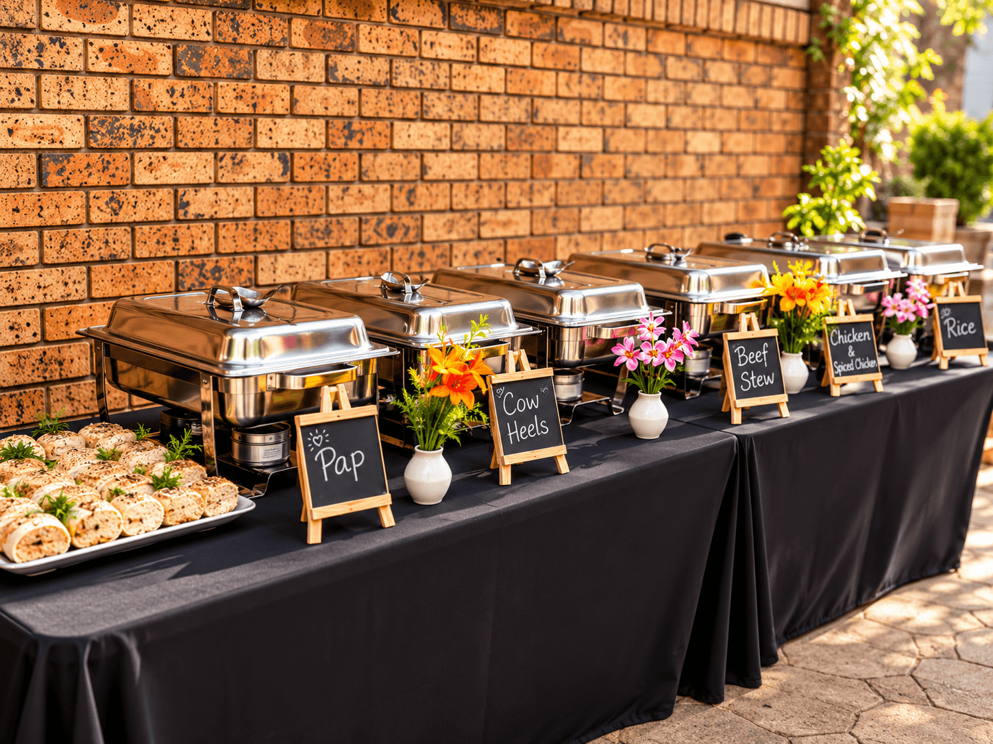 Outdoor chafing-dish buffet with wraps, chalkboard labels and fresh flowers