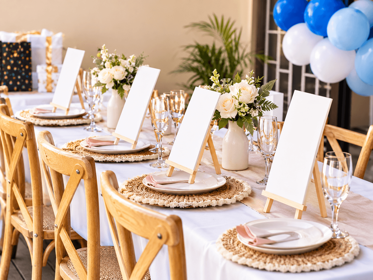 Pastel party table with woven placemats, white roses, blush napkins and blue balloons