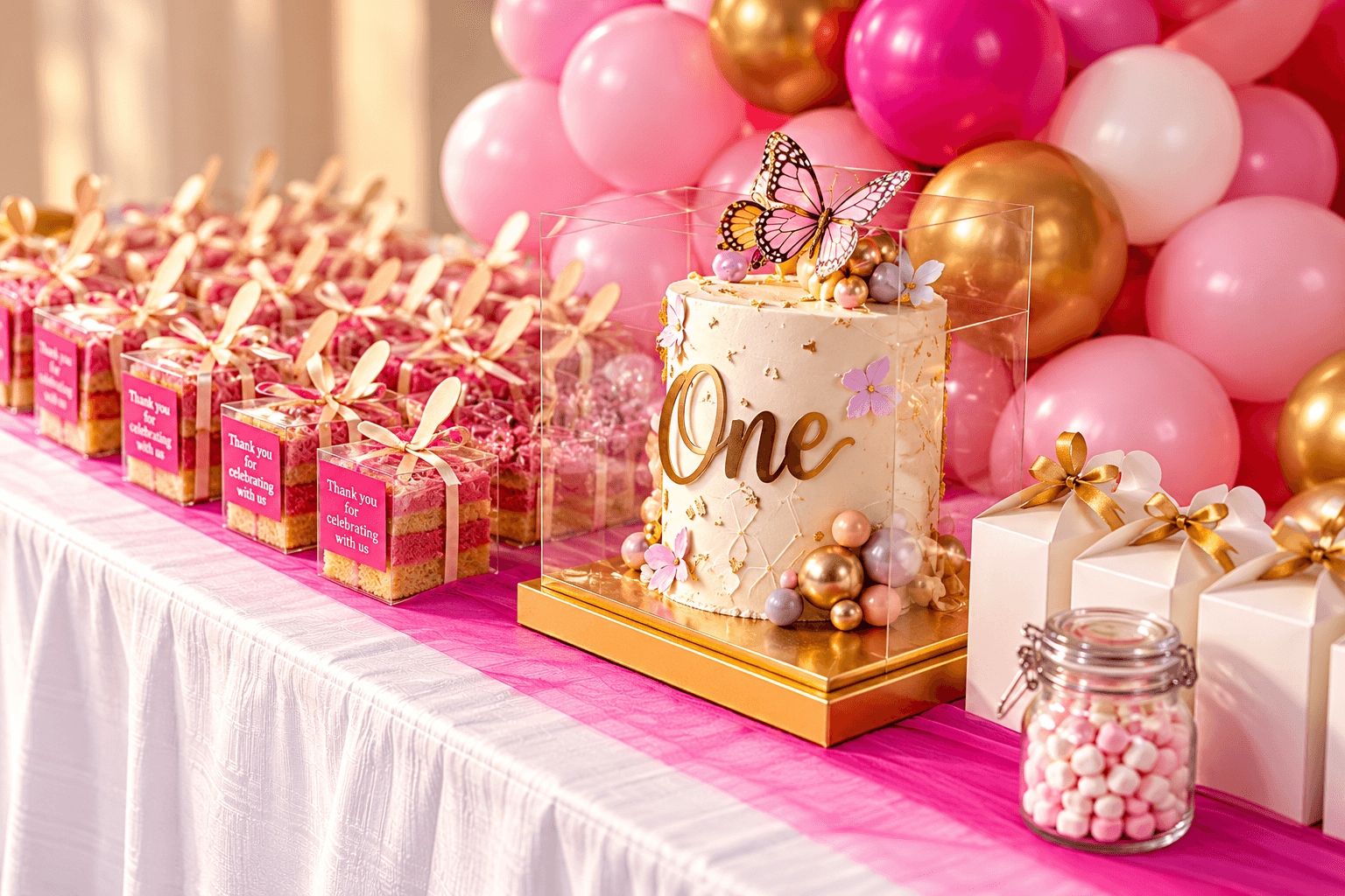 Pink and gold first birthday dessert table with a "One" cake, boxed cake favours and a balloon garland