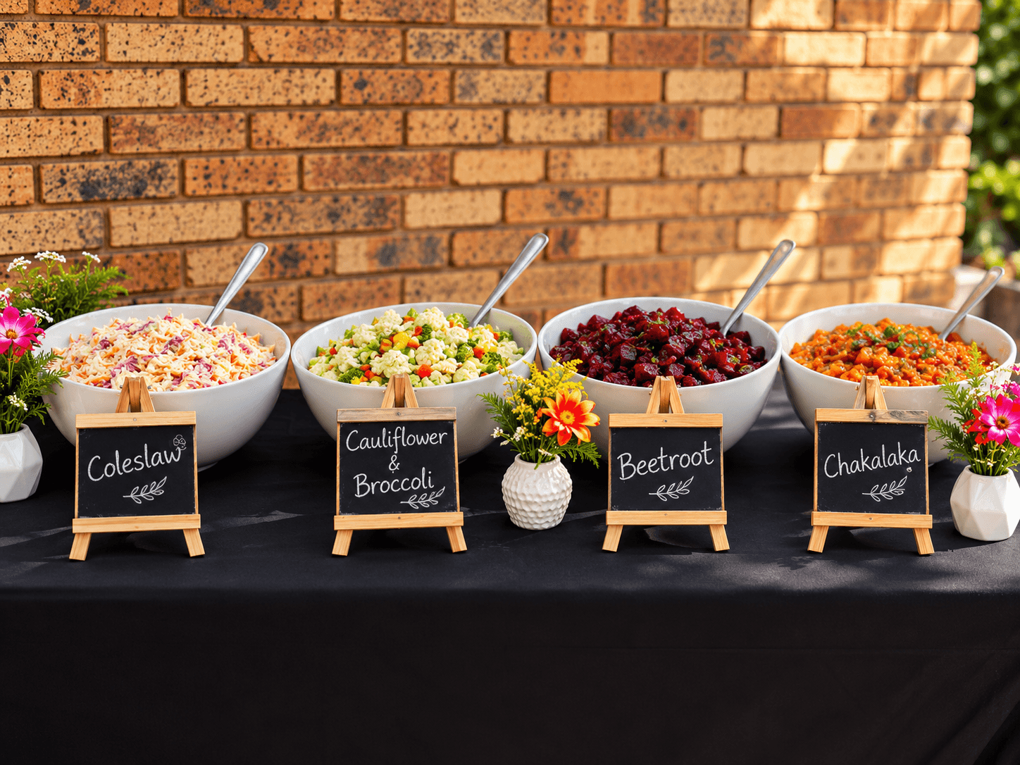 Salad buffet of coleslaw, cauliflower and broccoli, beetroot and chakalaka with chalkboard labels