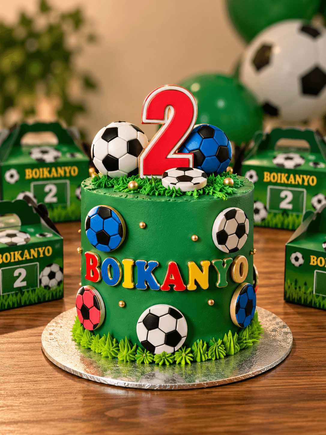 Green soccer-themed second birthday cake with fondant footballs and personalised party boxes