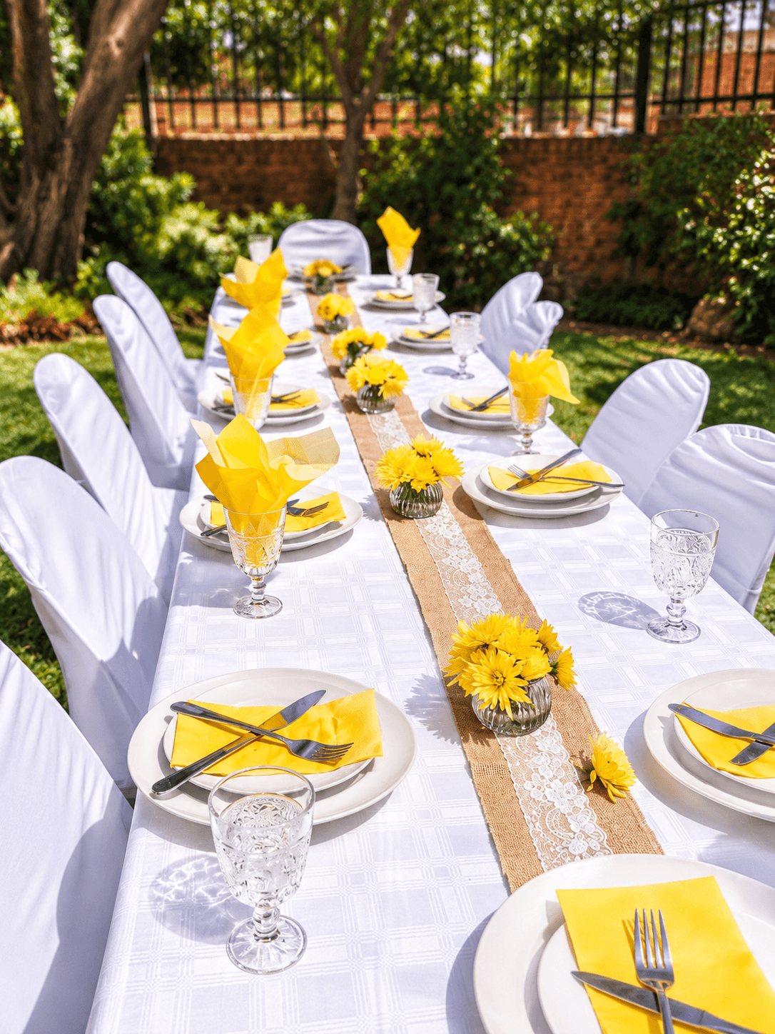 Long garden banquet table with white chair covers, yellow napkins and a hessian and lace runner