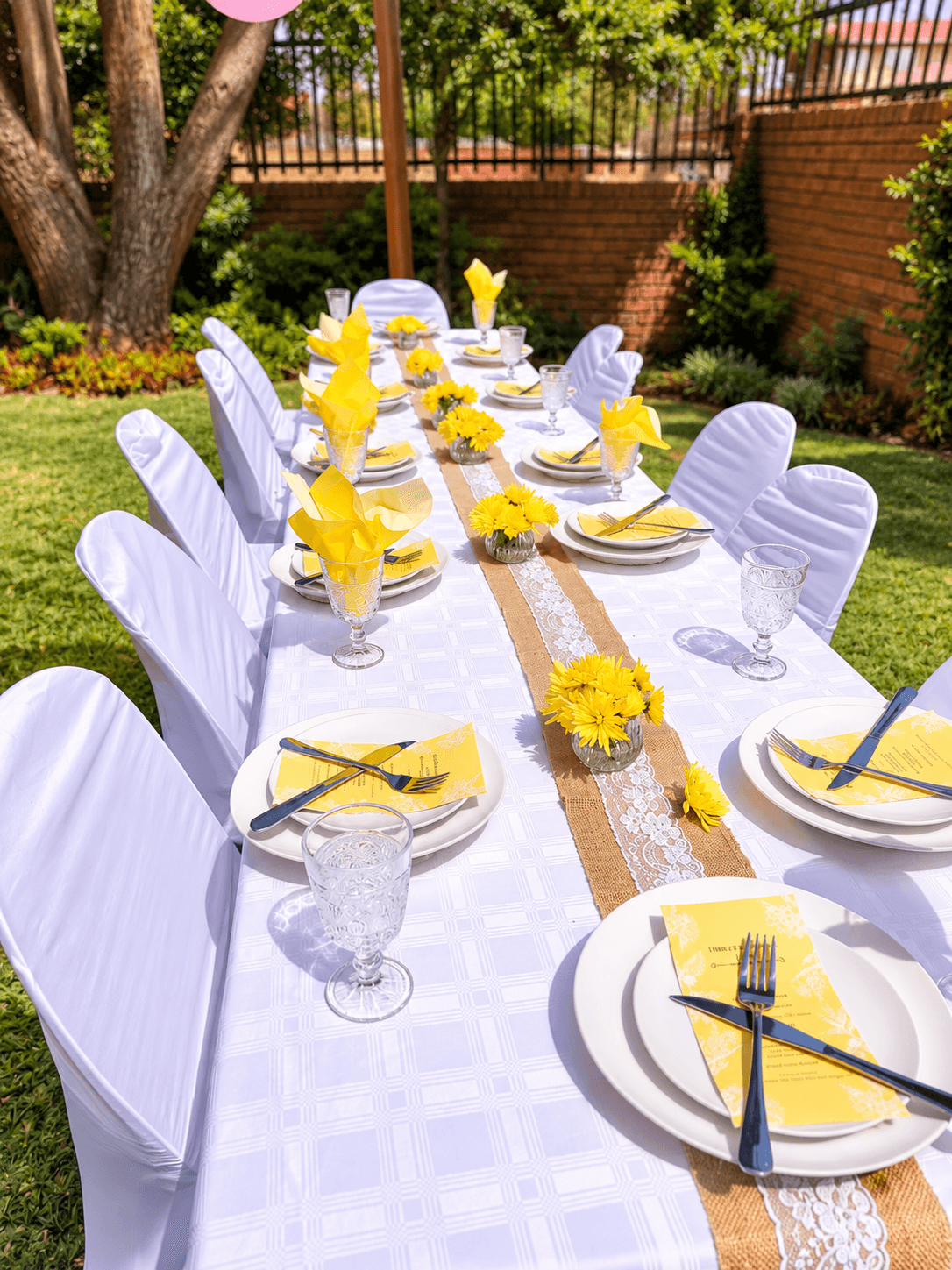 Garden celebration table with yellow napkins, printed menus and small vases of yellow flowers